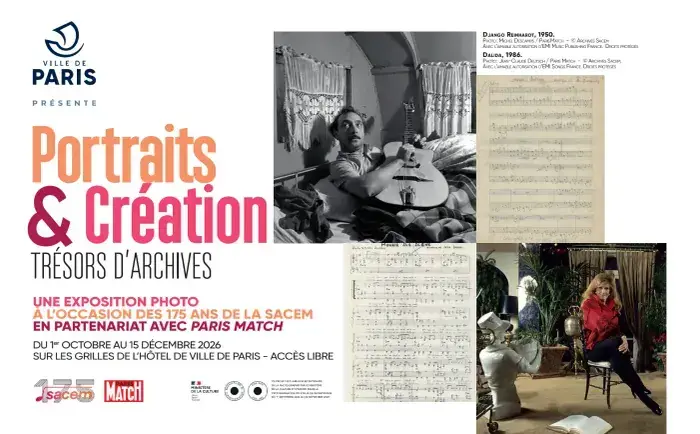 « Portraits & Création » une exposition Paris Match pour les 175 ans de la Sacem, Grilles de l'Hôtel de Ville de Paris, Paris